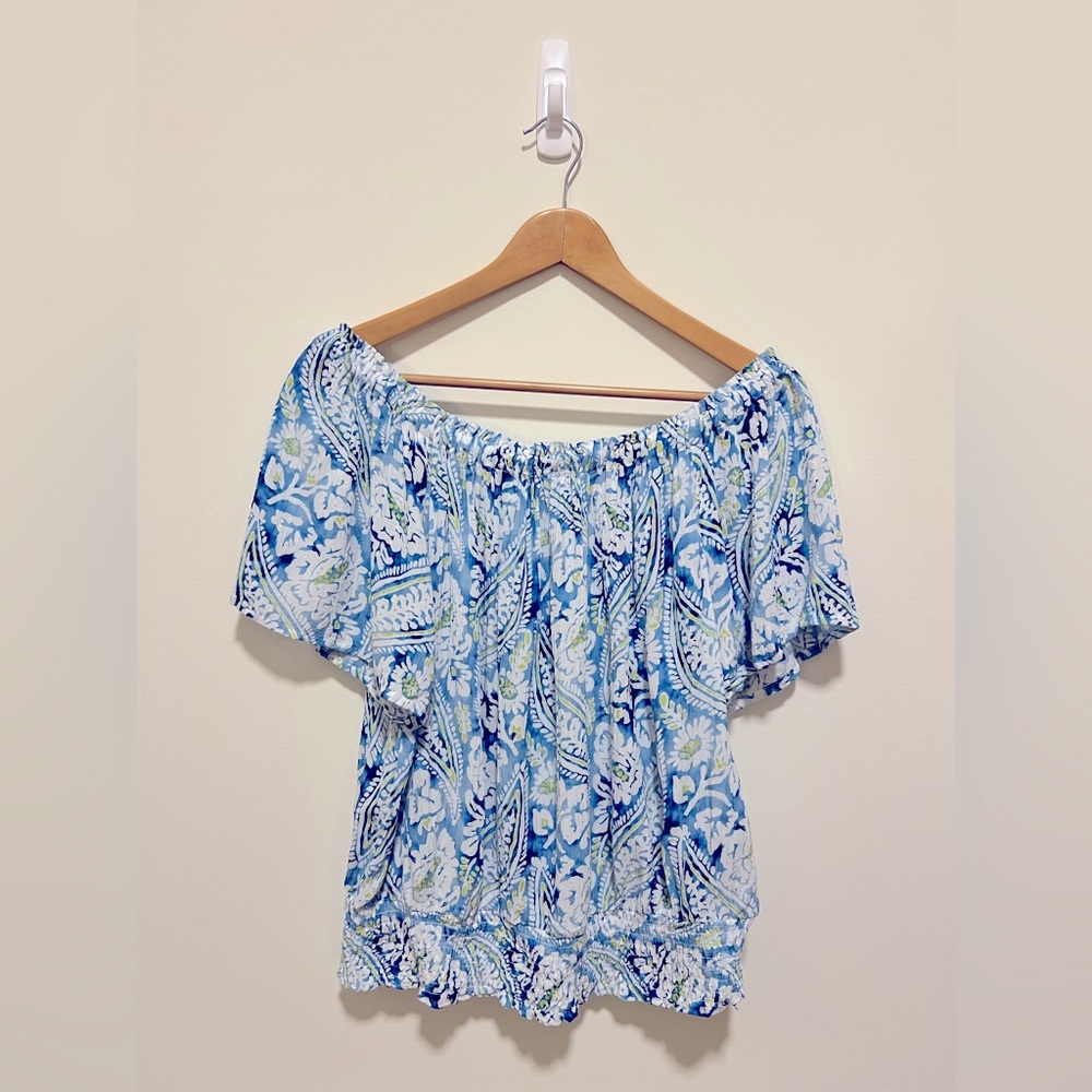 Christian Siriano Blue Floral Paisley Off-Shoulder Blouse with Ruching on Hem